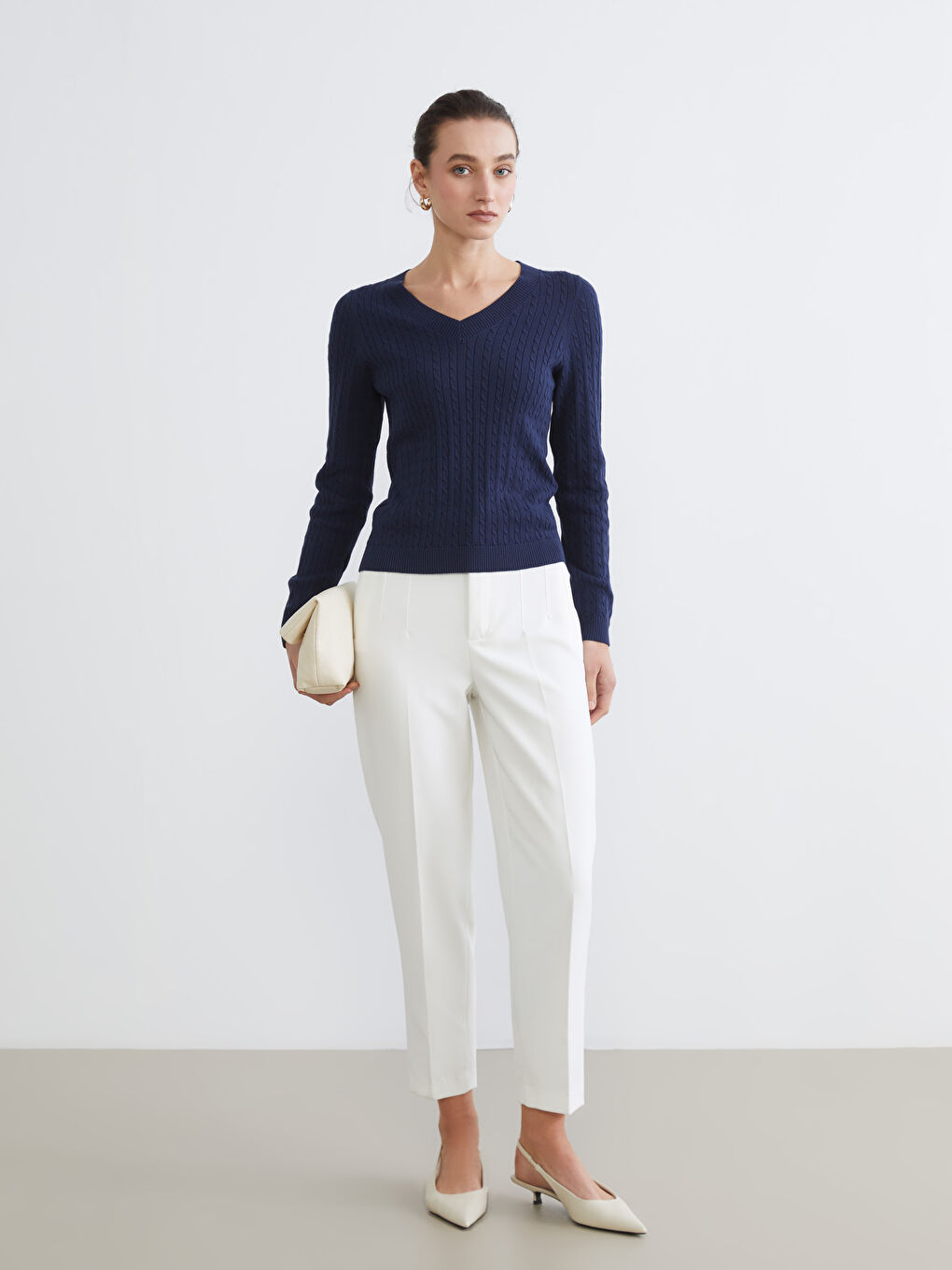 V Neck Self-Patterned Women's Knitwear Sweater-1