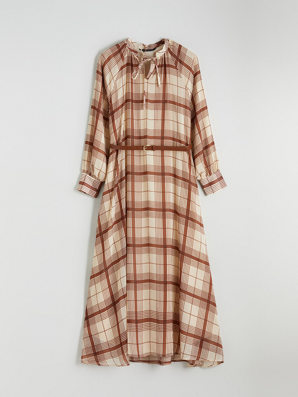 Kahverengi Bağlamalı Yaka Ekose Elbise-4