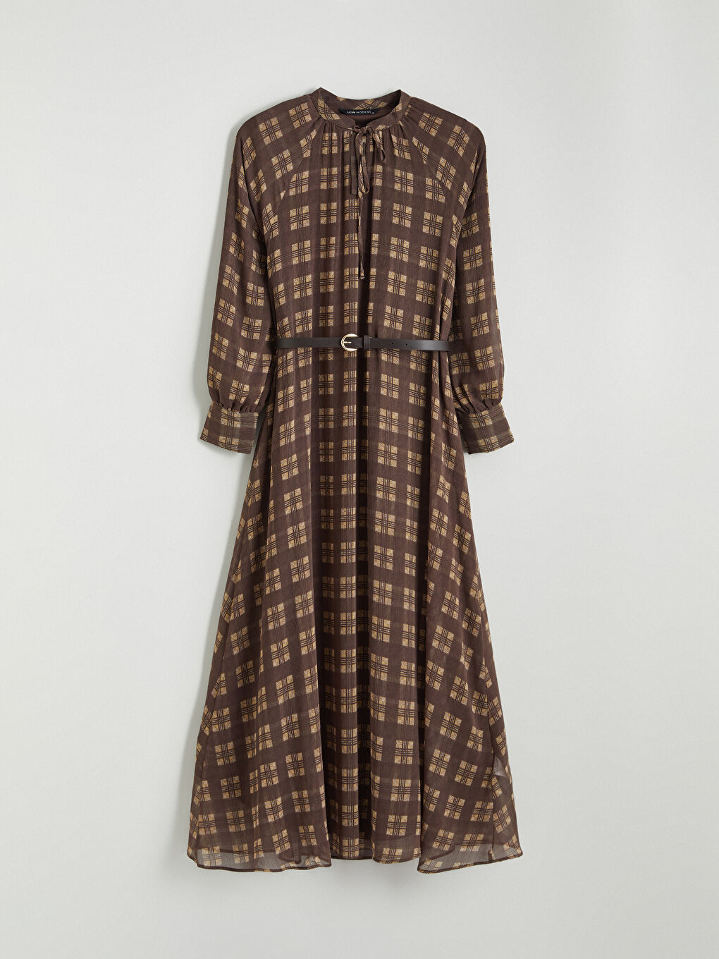 Kahverengi Bağlamalı Yaka Ekose Elbise-4