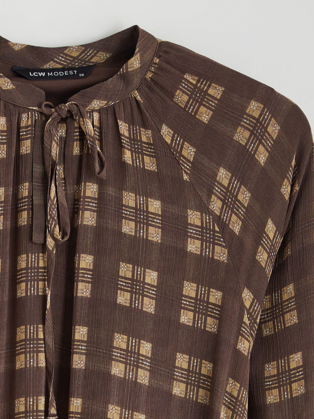 Kahverengi Bağlamalı Yaka Ekose Elbise-5