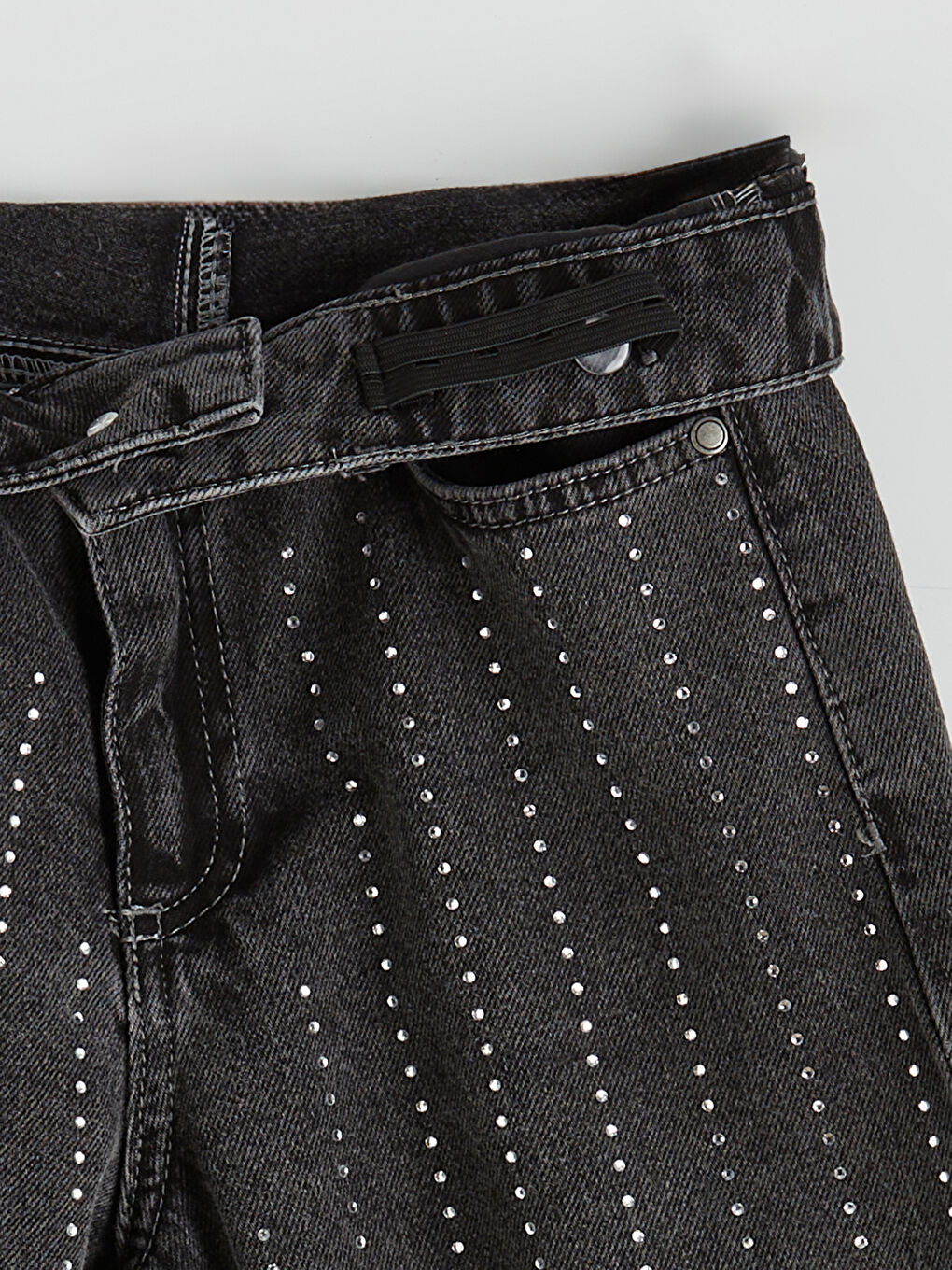 Siyah Wideleg Taşlı Kız Çocuk Jean Pantolon-1
