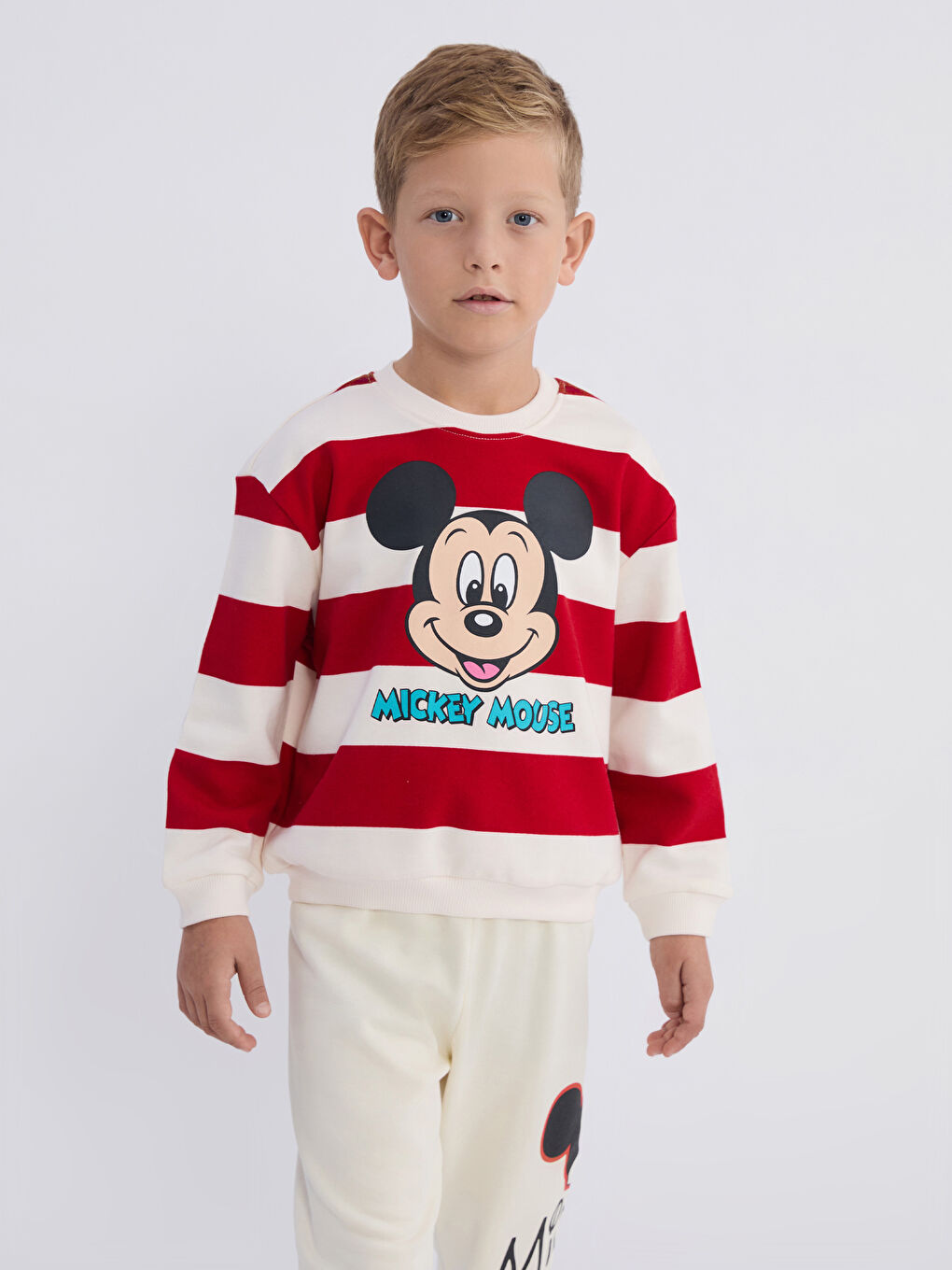 Bej Bisiklet Yaka Mickey Mouse Baskılı Erkek Çocuk Sweatshirt