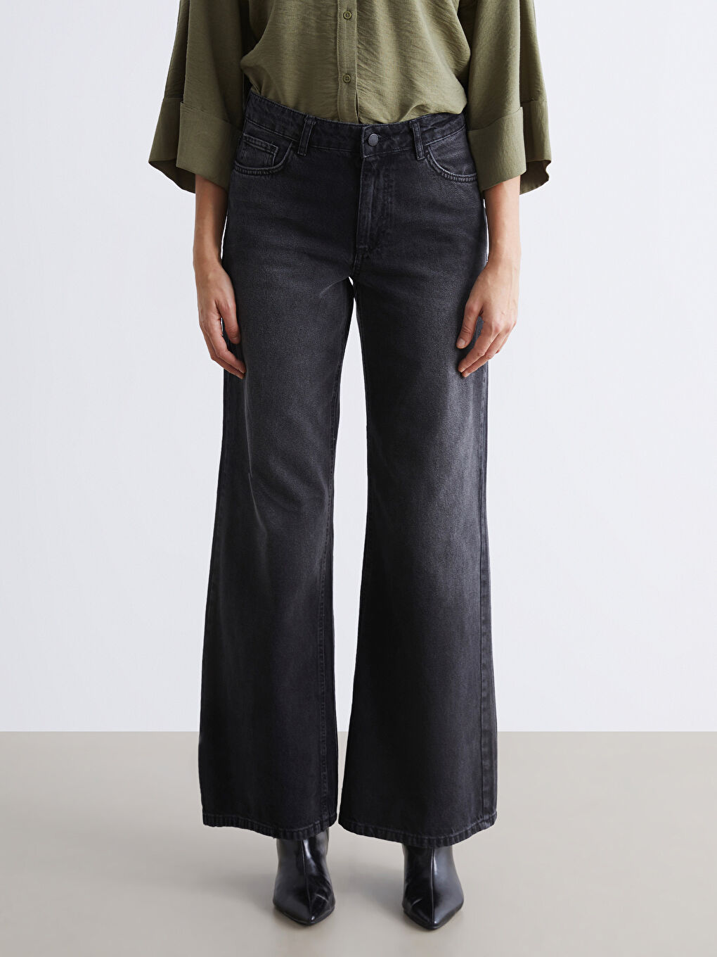 Siyah Wideleg Kadın Jean Pantolon-1