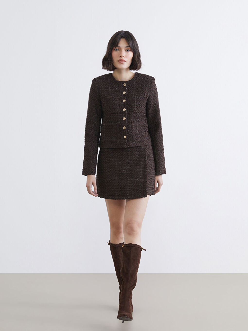 Kahverengi Beli Fermuarlı Dokulu Tüvit Şort Etek