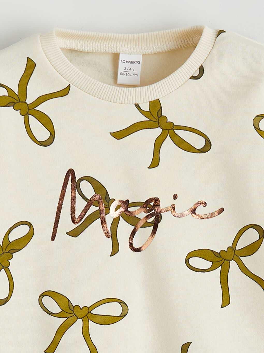 Ekru Bisiklet Yaka Fiyonk Desenli Kız Çocuk Sweatshirt-2