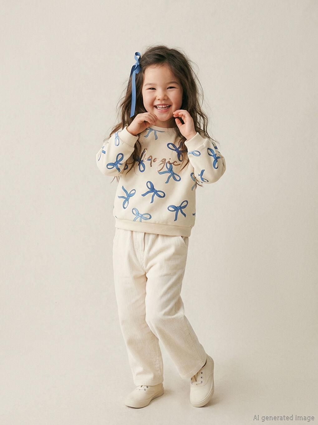 Ekru Bisiklet Yaka Fiyonk Desenli Kız Çocuk Sweatshirt