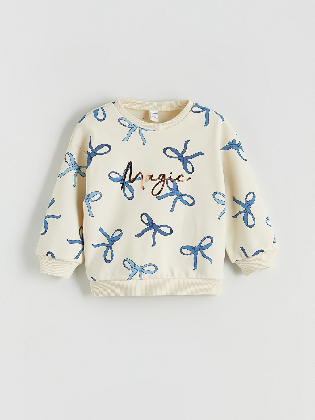 Ekru Bisiklet Yaka Fiyonk Desenli Kız Çocuk Sweatshirt