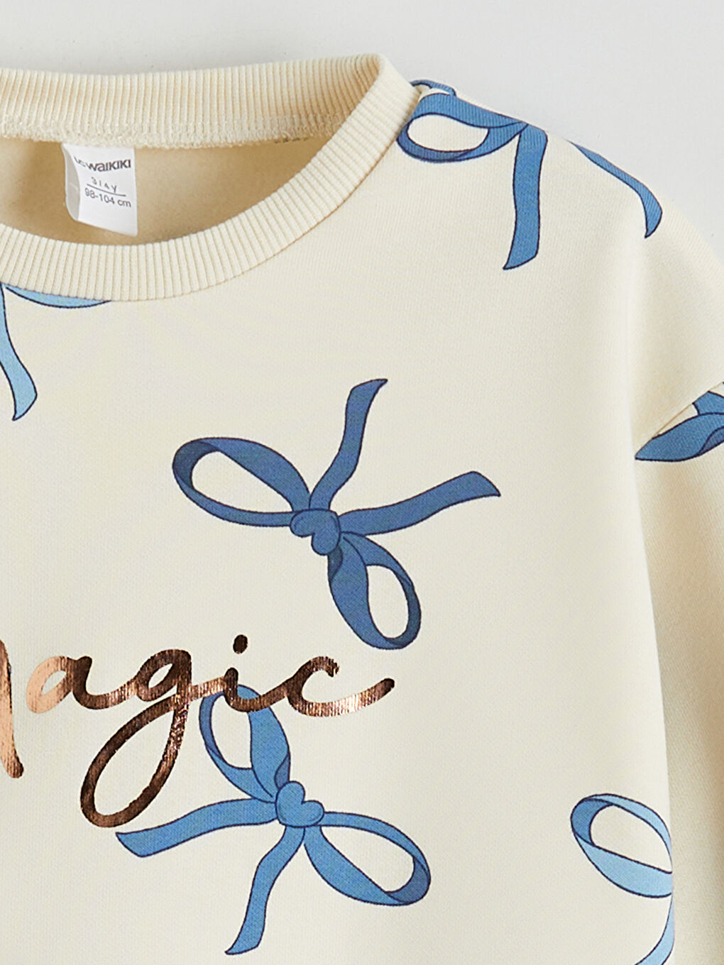 Ekru Bisiklet Yaka Fiyonk Desenli Kız Çocuk Sweatshirt-2