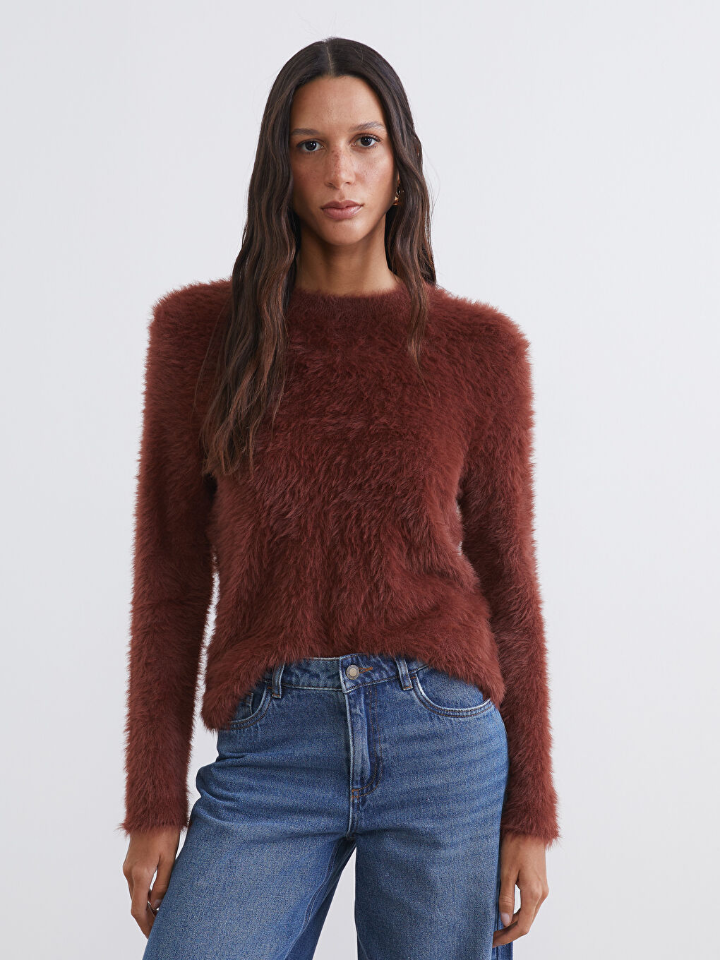 Kahverengi Bisiklet Yaka Kadın Pelüş Triko Kazak