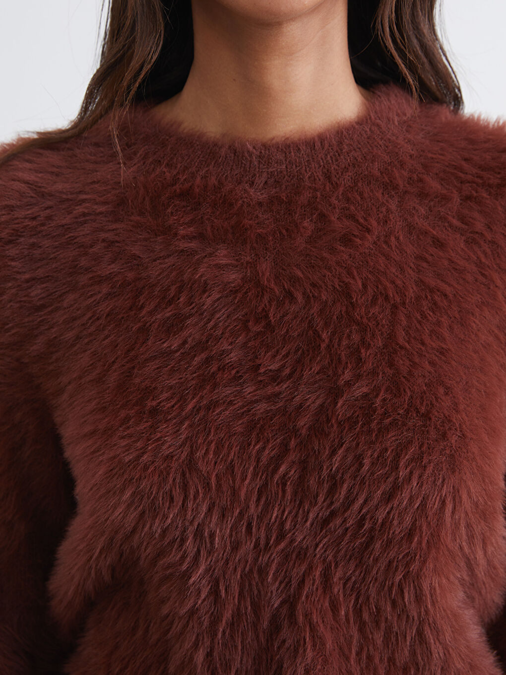 Kahverengi Bisiklet Yaka Kadın Pelüş Triko Kazak-2