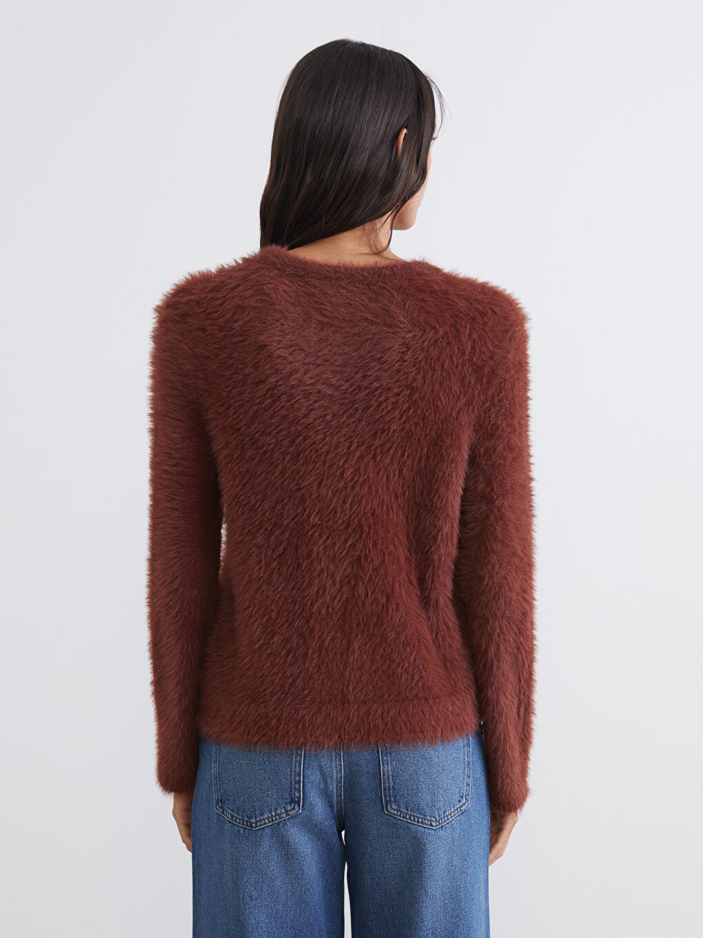 Kahverengi Bisiklet Yaka Kadın Pelüş Triko Kazak-3