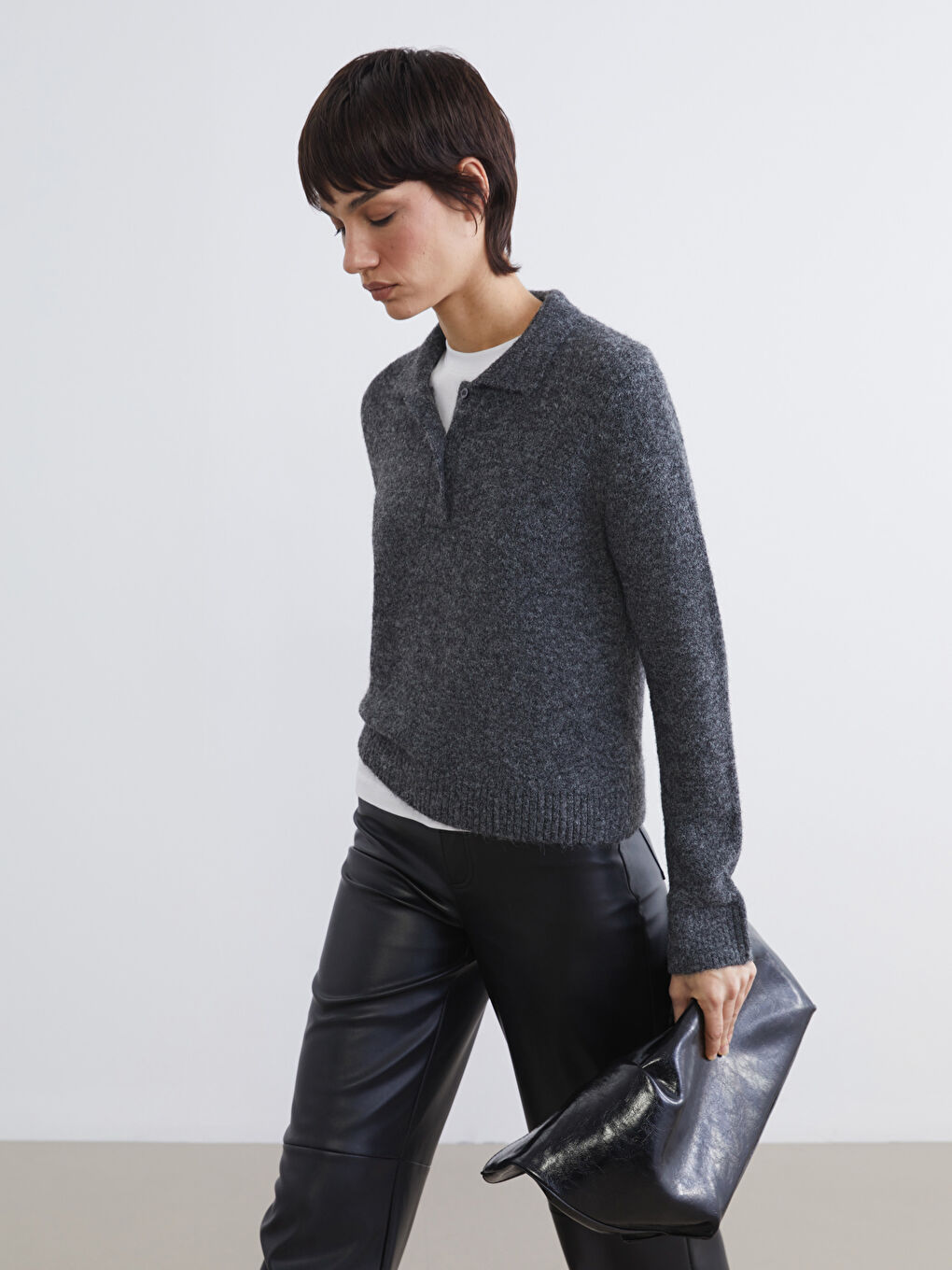 Antrasit Polo Yaka Kadın Triko Kazak