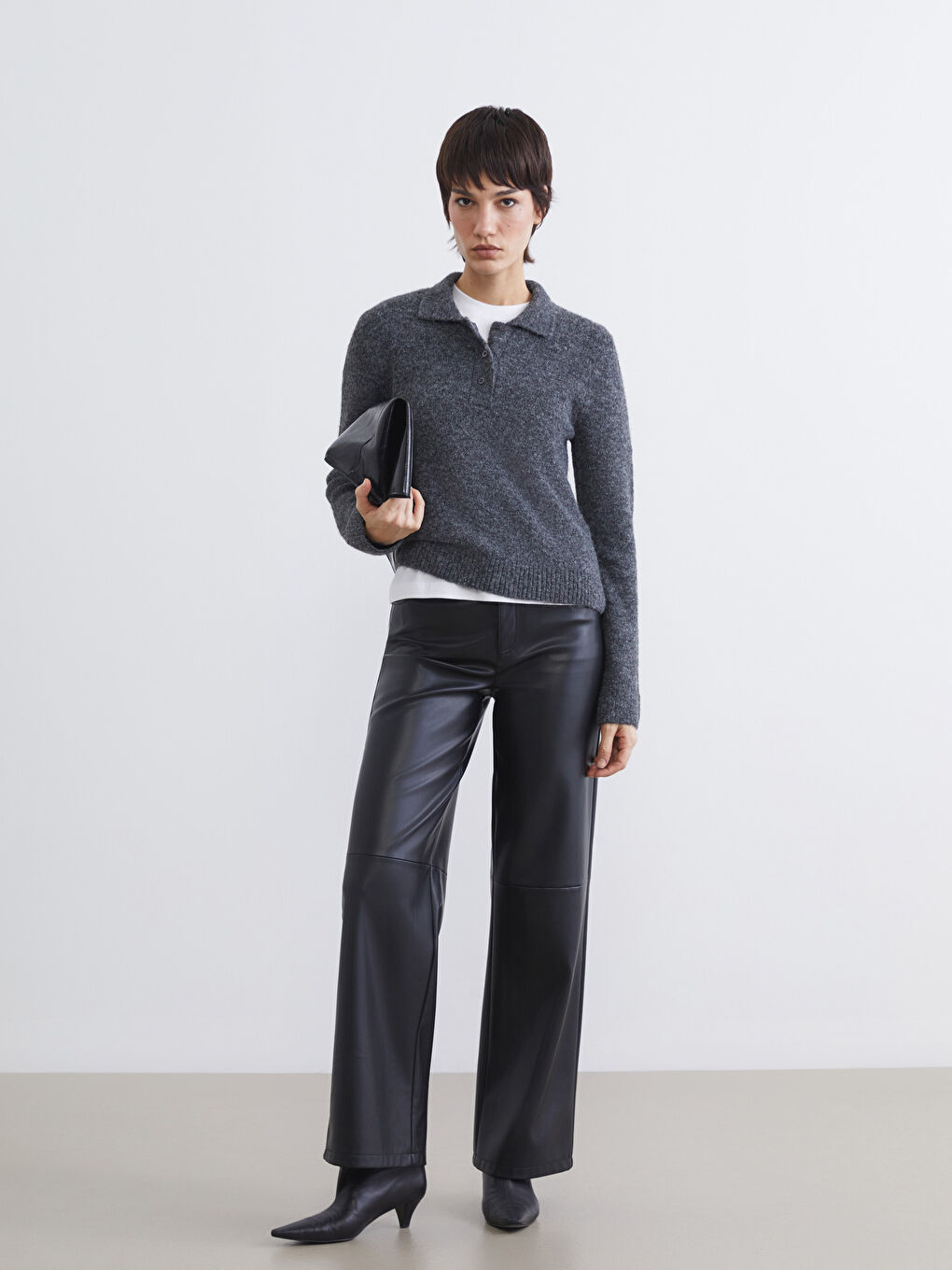 Antrasit Polo Yaka Kadın Triko Kazak-1