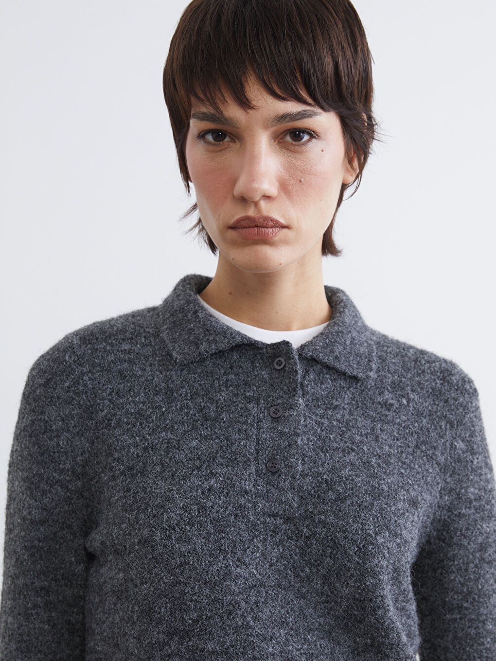 Antrasit Polo Yaka Kadın Triko Kazak-2