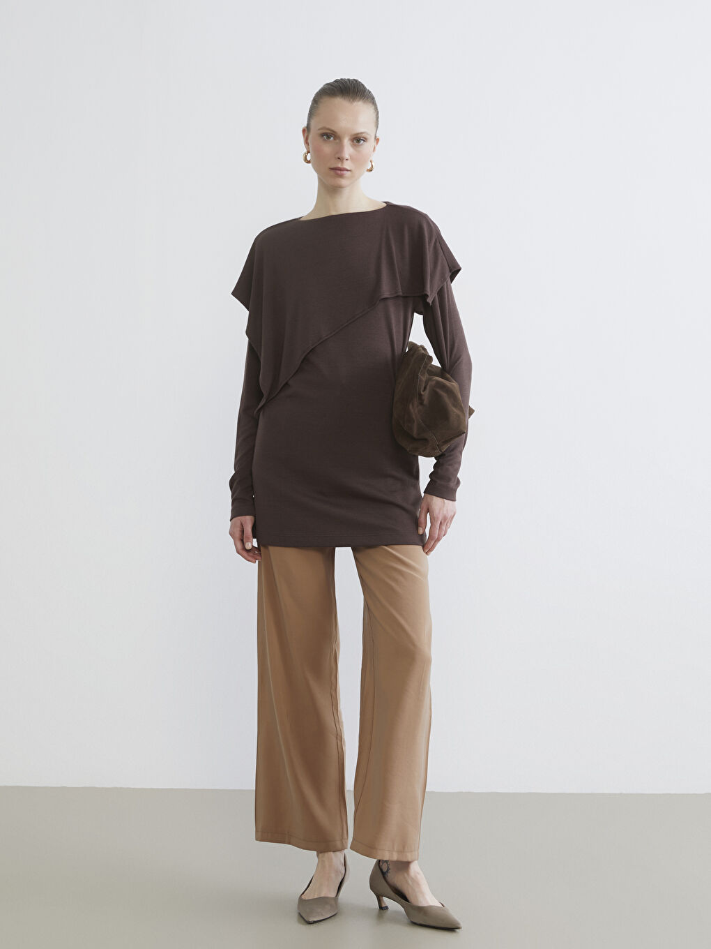 Kahverengi Bisiklet Yaka Oversize Kadın Tunik-1