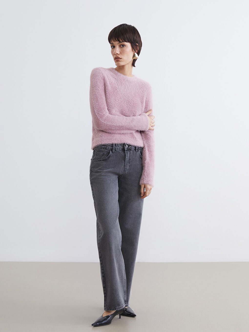 Pembe Bisiklet Yaka Kadın Triko Kazak-1