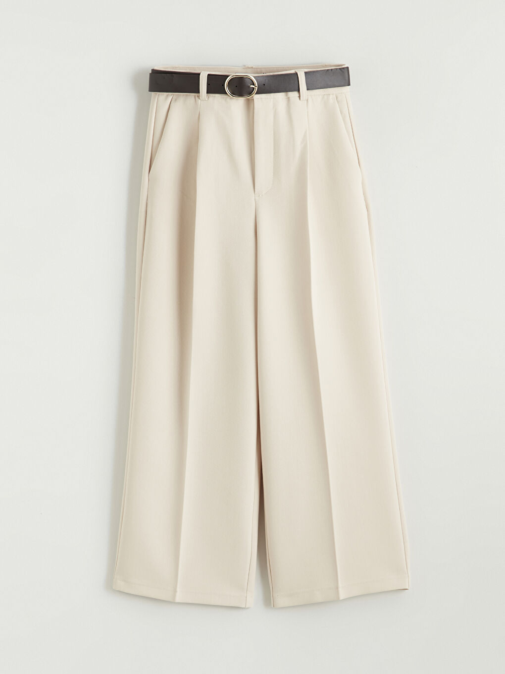 Bej Beli Kemerli Geniş Paça Kadın Pantolon-4