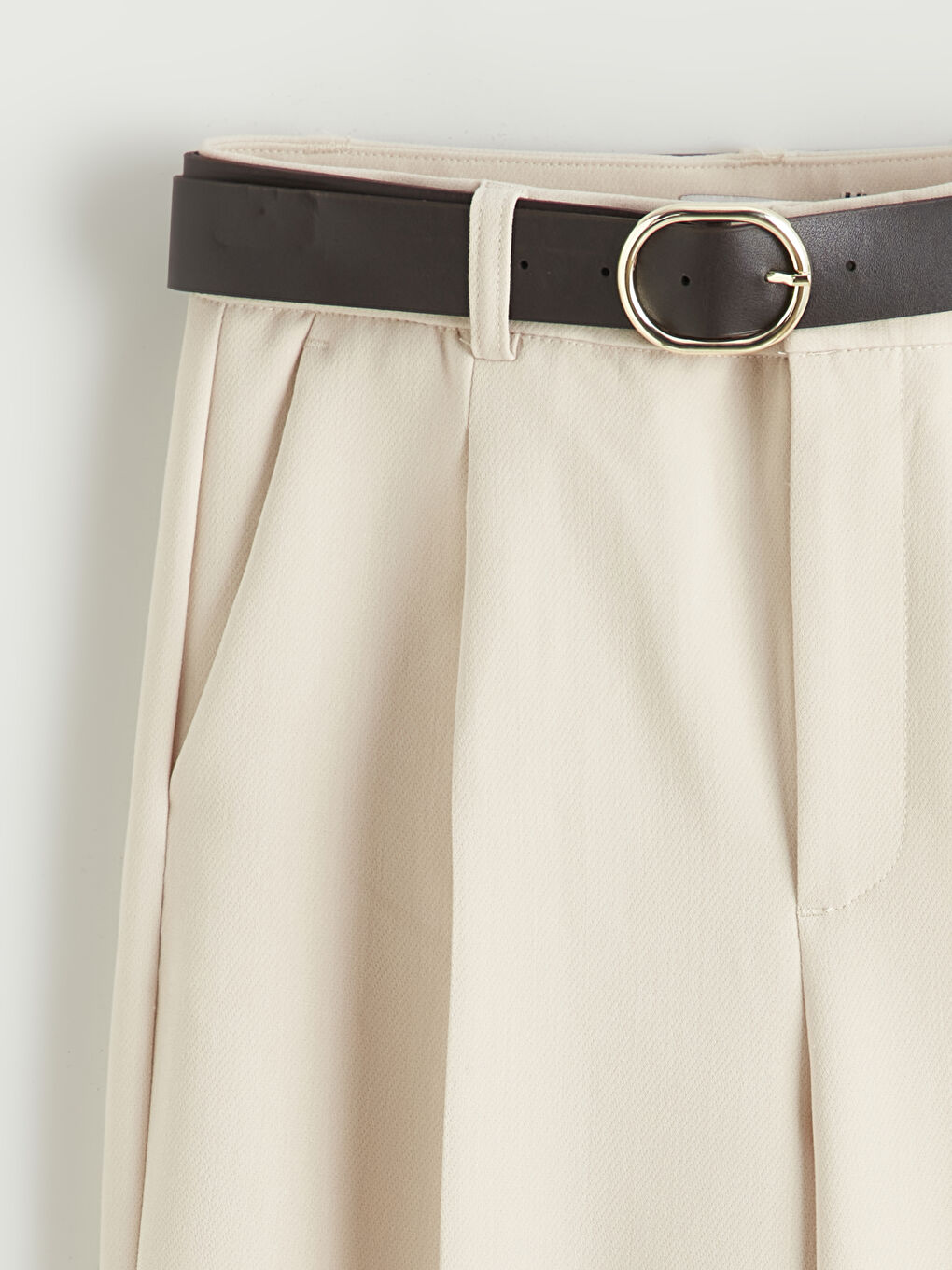 Bej Beli Kemerli Geniş Paça Kadın Pantolon-5