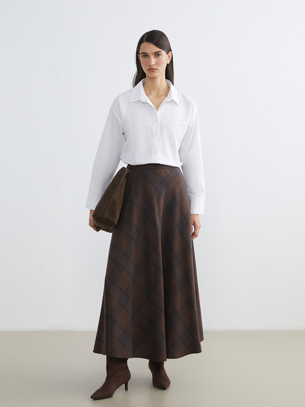 Kahverengi Beli Fermuarlı Ekose Kloş Etek