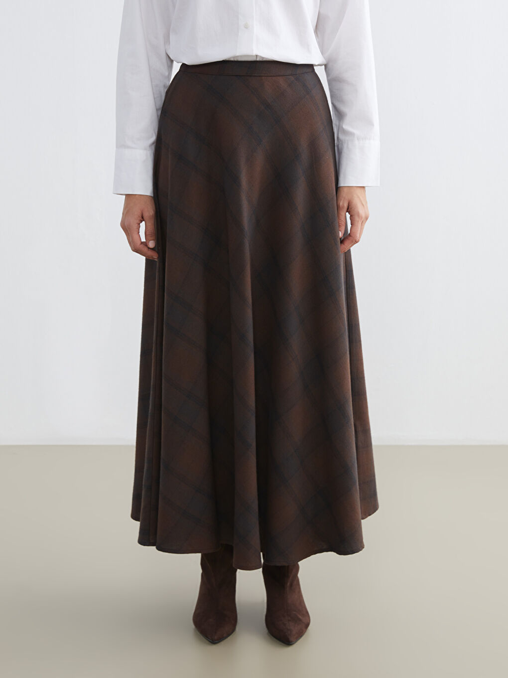 Kahverengi Beli Fermuarlı Ekose Kloş Etek-1