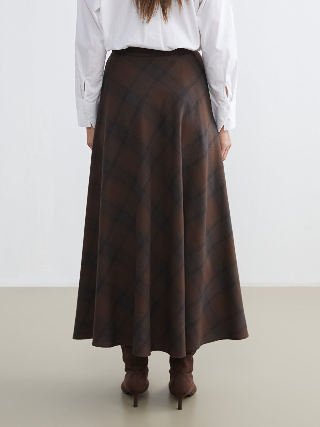 Kahverengi Beli Fermuarlı Ekose Kloş Etek-3