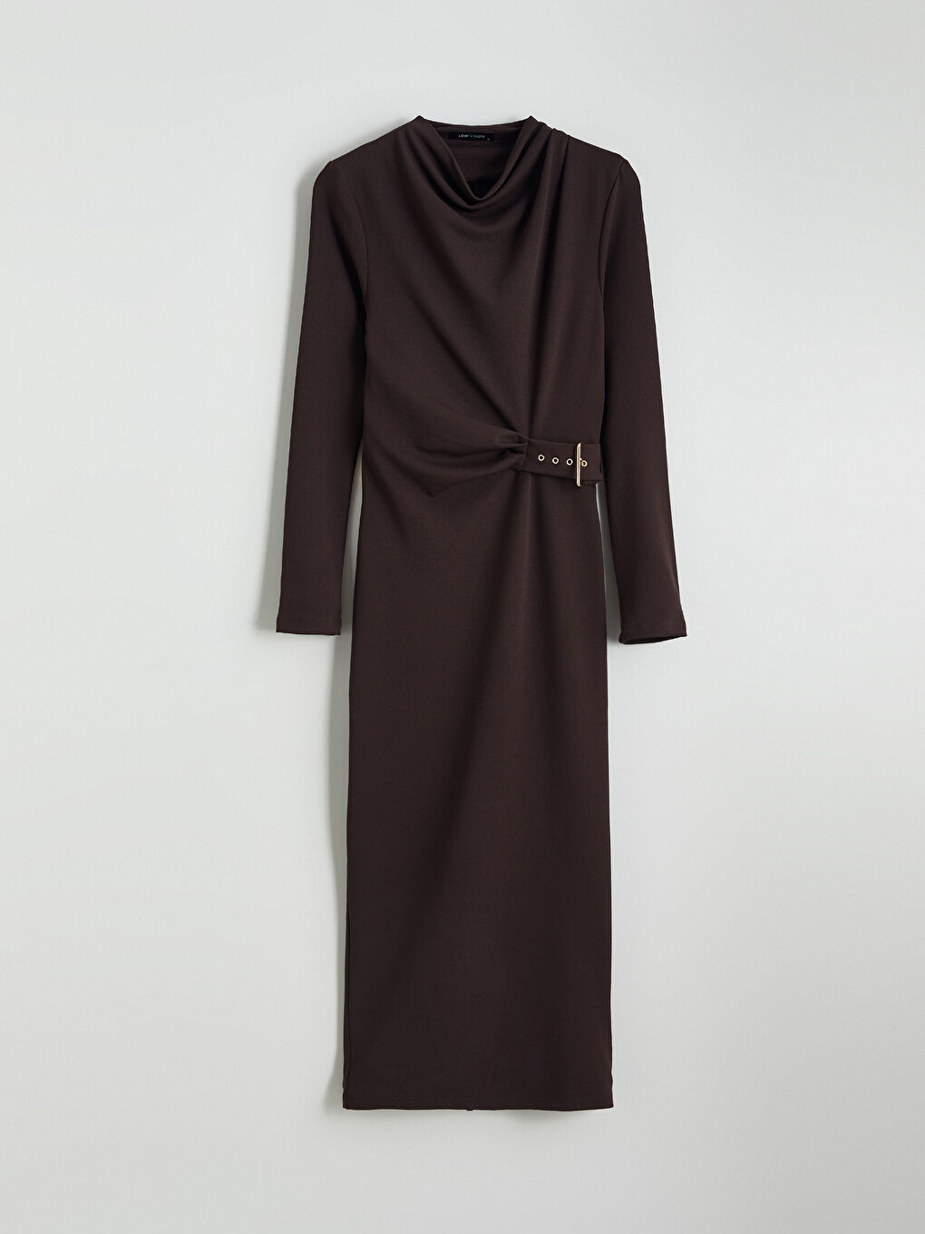 Kahverengi Dökümlü Yaka Büzgülü Krep Elbise-4