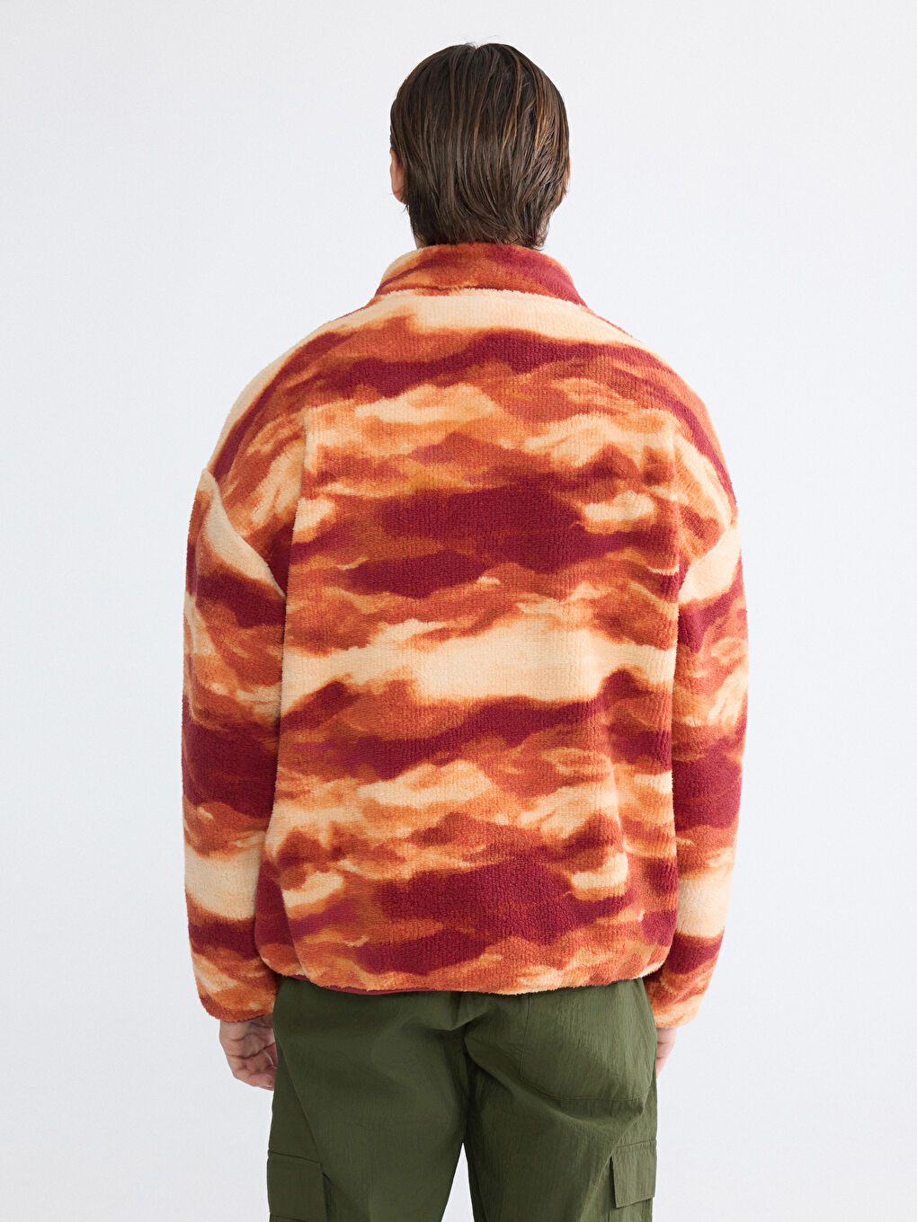 Turuncu Dik Yaka Desenli Polar Erkek Sweatshirt-3