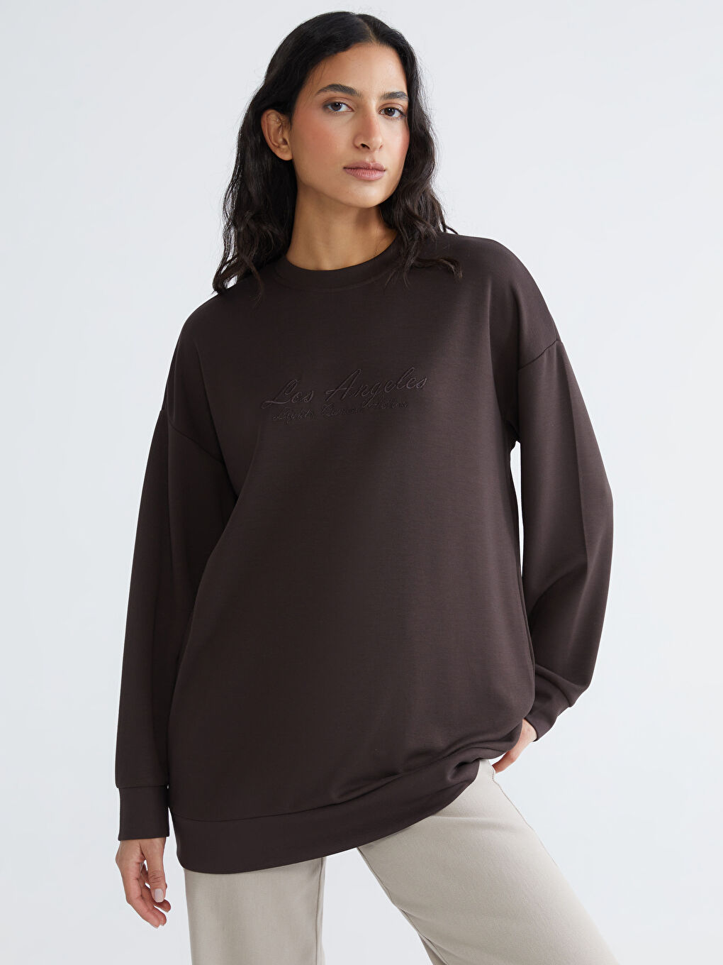 Kahverengi Los Angeles Nakışlı Kadın Sweatshirt Tunik