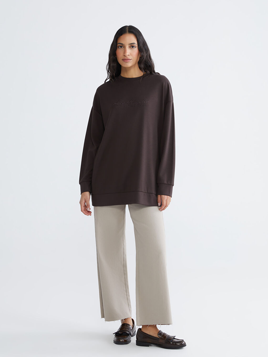 Kahverengi Los Angeles Nakışlı Kadın Sweatshirt Tunik-1