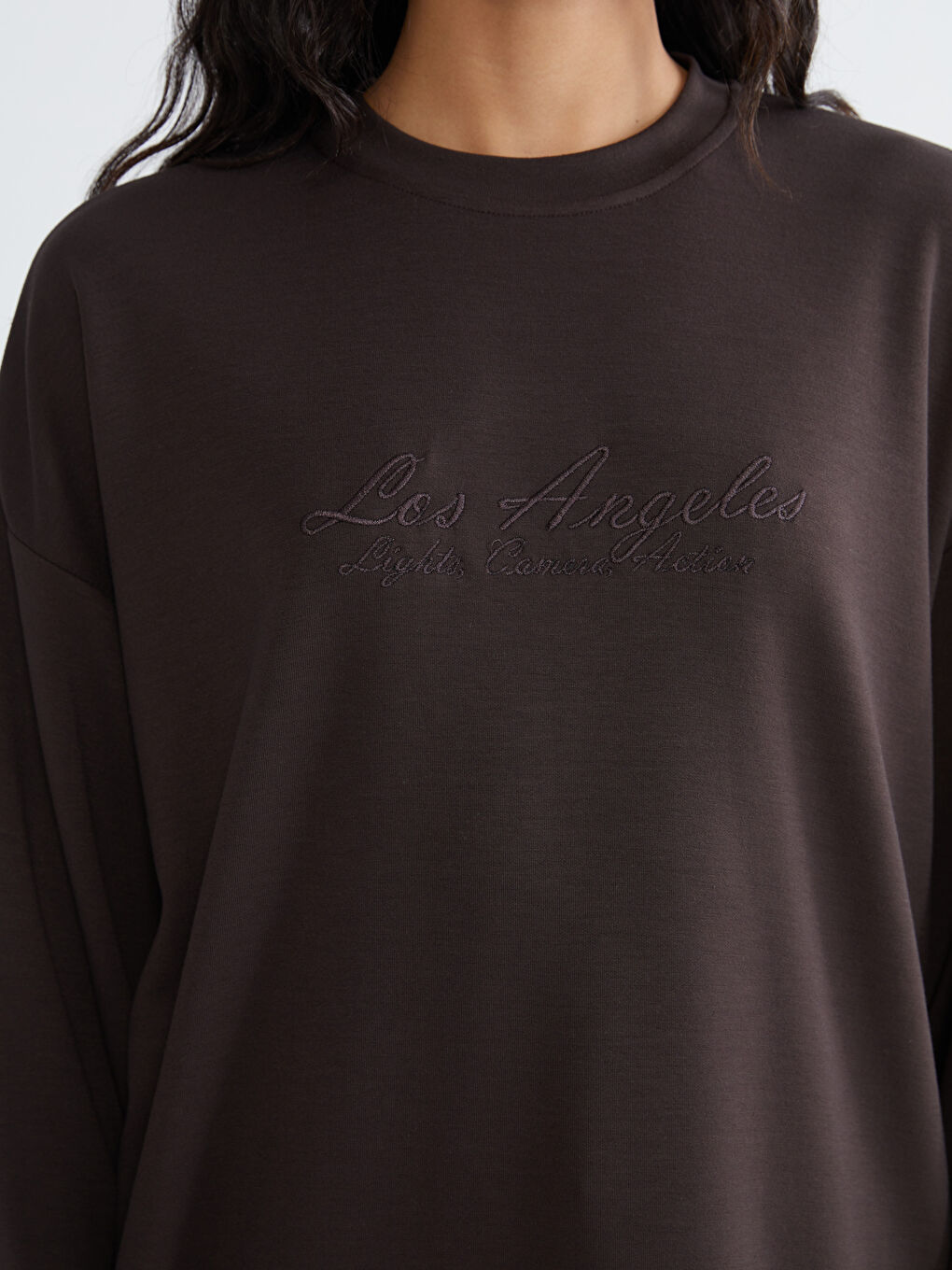 Kahverengi Los Angeles Nakışlı Kadın Sweatshirt Tunik-2