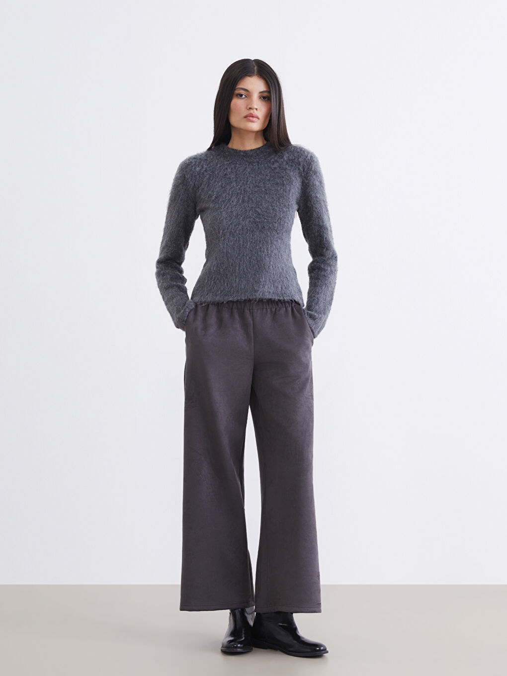 Antrasit Bisiklet Yaka Kadın Tüylü Triko Kazak-1