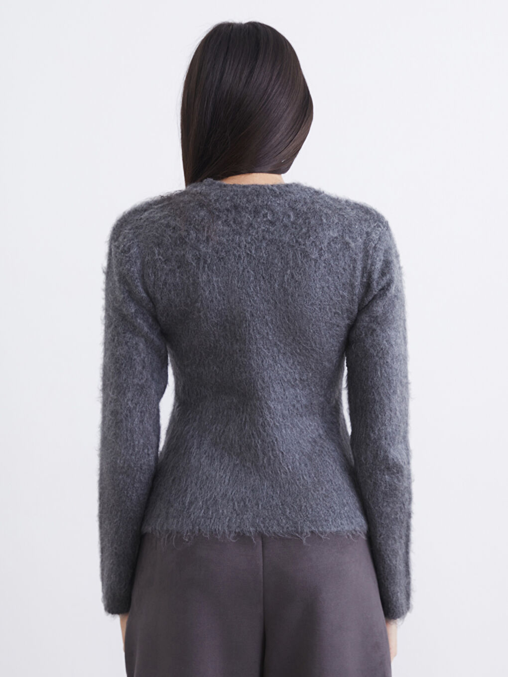 Antrasit Bisiklet Yaka Kadın Tüylü Triko Kazak-3