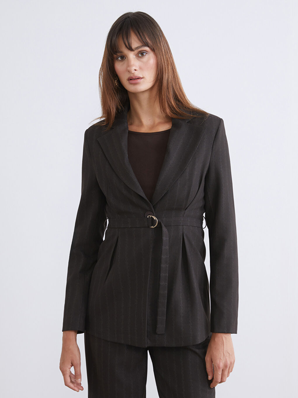Kahverengi Çizgili Kadın Blazer Ceket