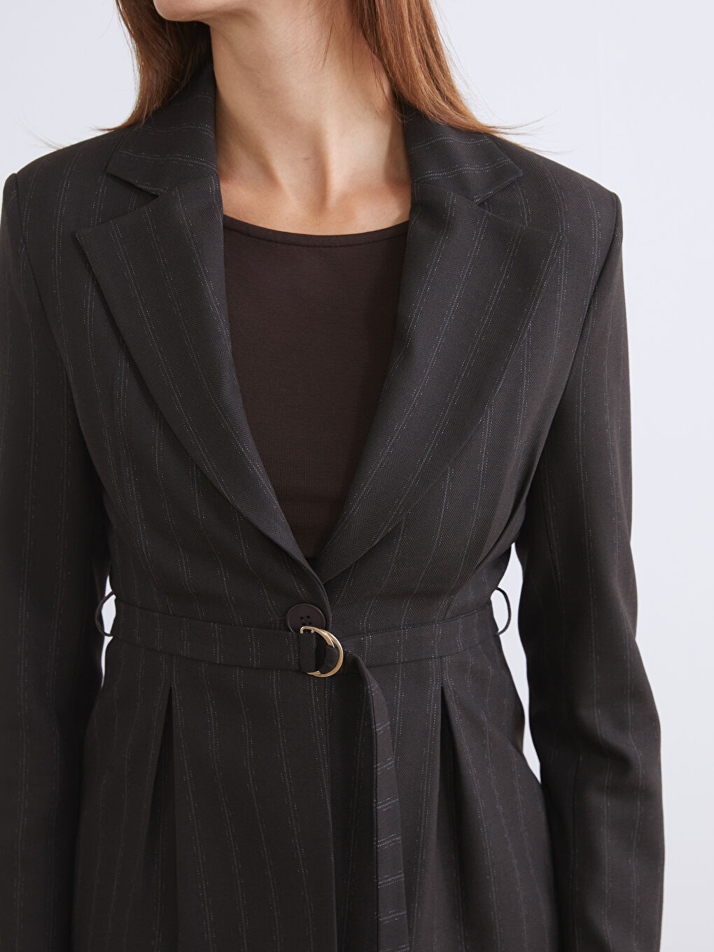 Kahverengi Çizgili Kadın Blazer Ceket-2