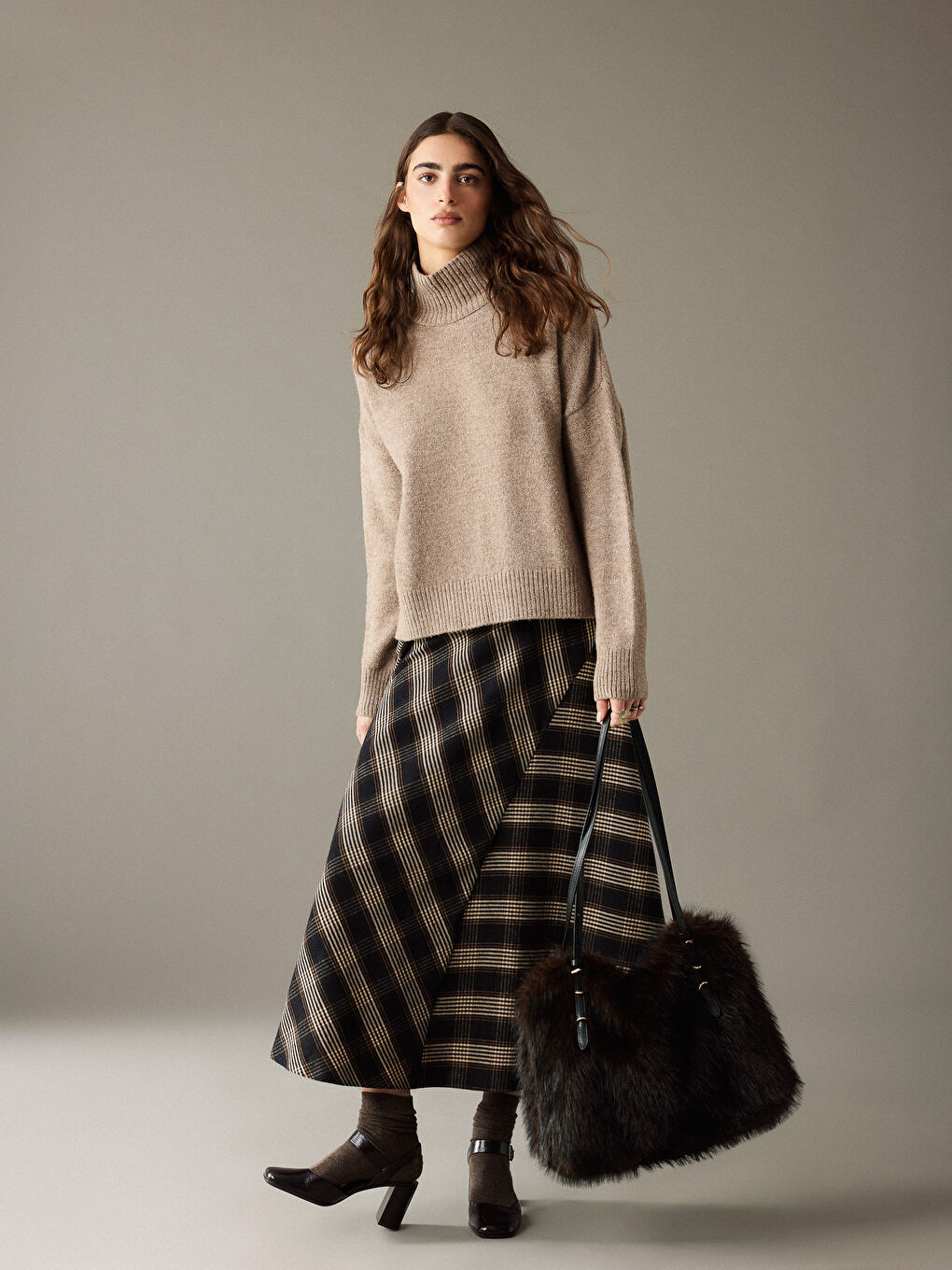 Waist Zippered Plaid Flared Skirt