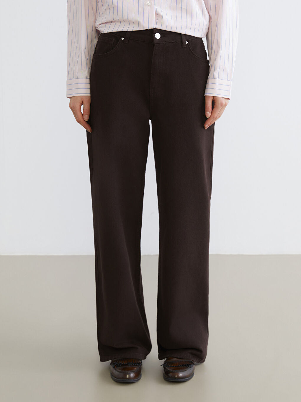 Kahverengi Wideleg Kadın Jean Pantolon-1