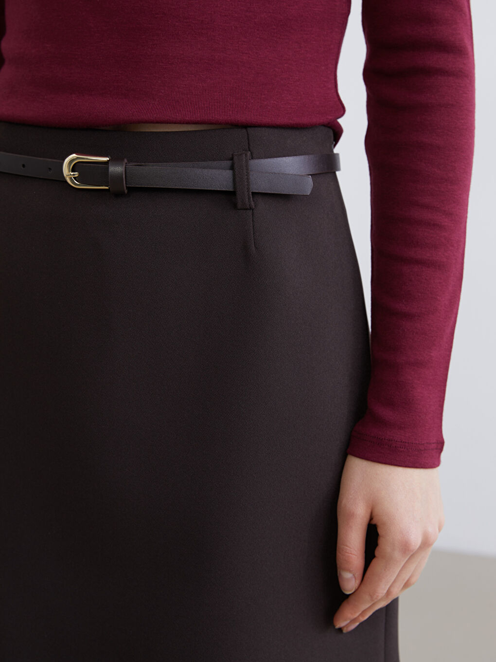 Kahverengi Beli Kemerli Mini Etek-2