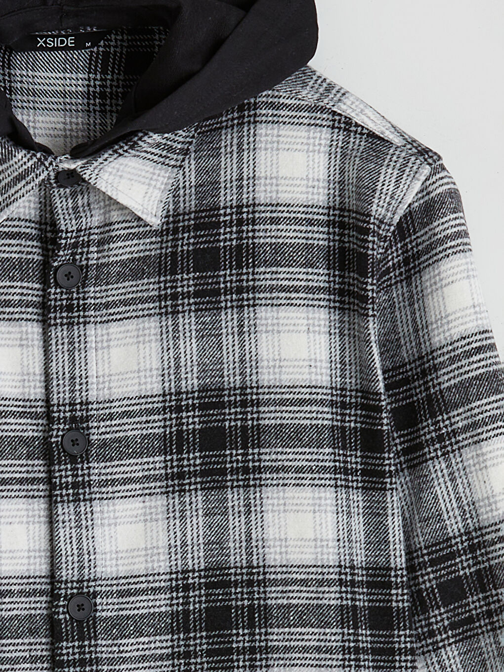 Siyah Kapüşonlu Regular Fit Uzun Kollu Ekose Erkek Gömlek Ceket-5