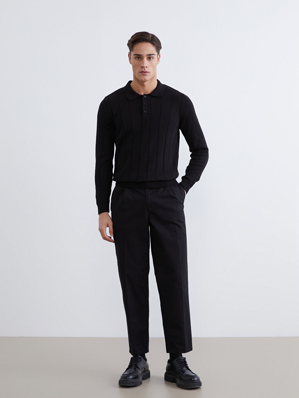 Siyah Polo Yaka Erkek Triko Kazak-1