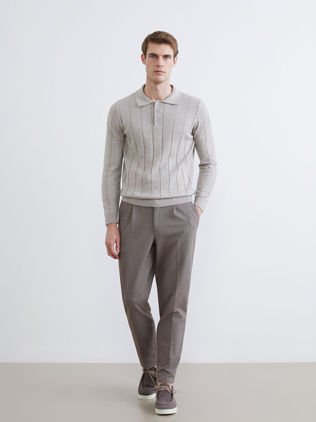 Bej Polo Yaka Erkek Triko Kazak-1