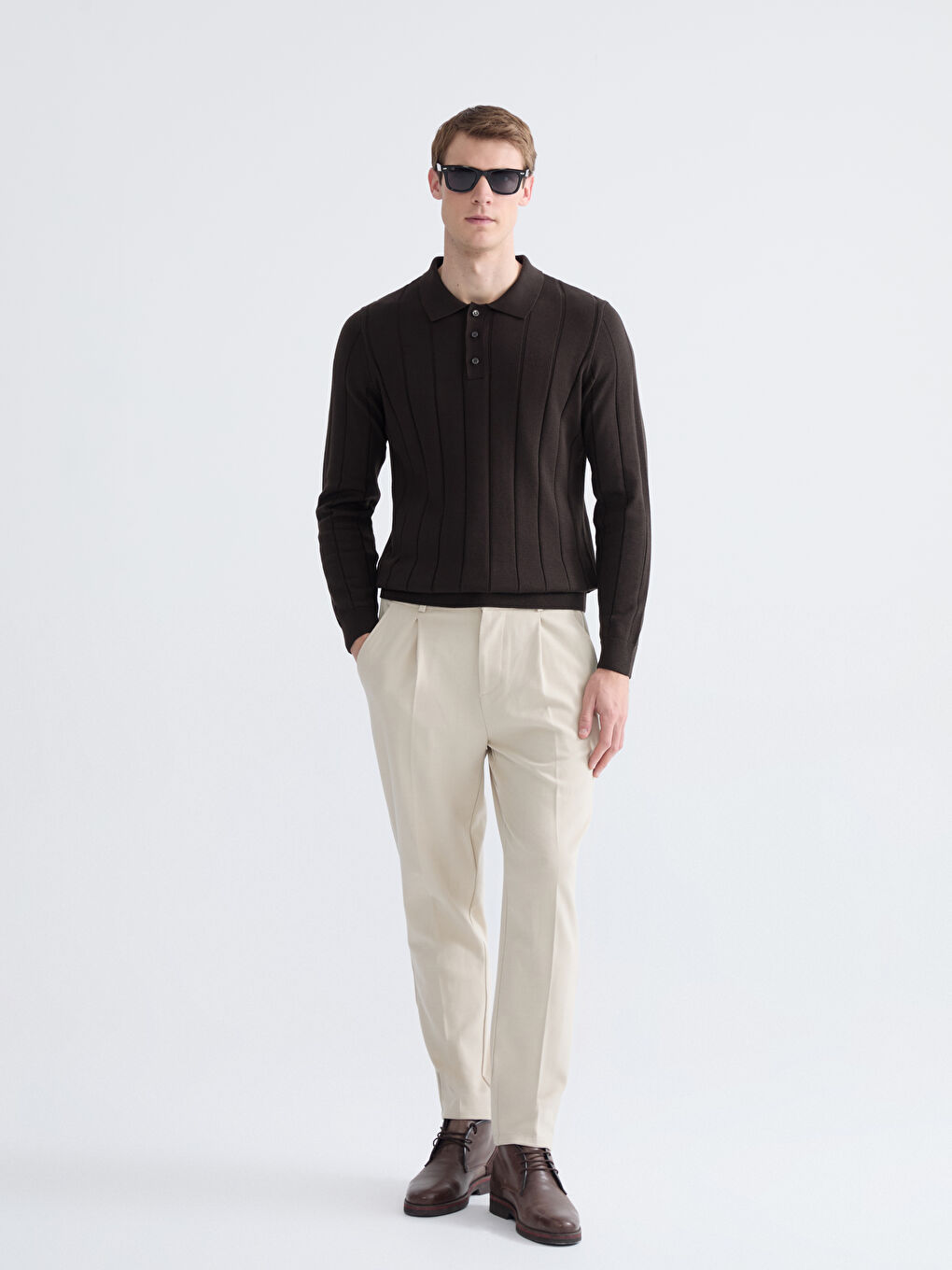 Kahverengi Polo Yaka Erkek Triko Kazak-1