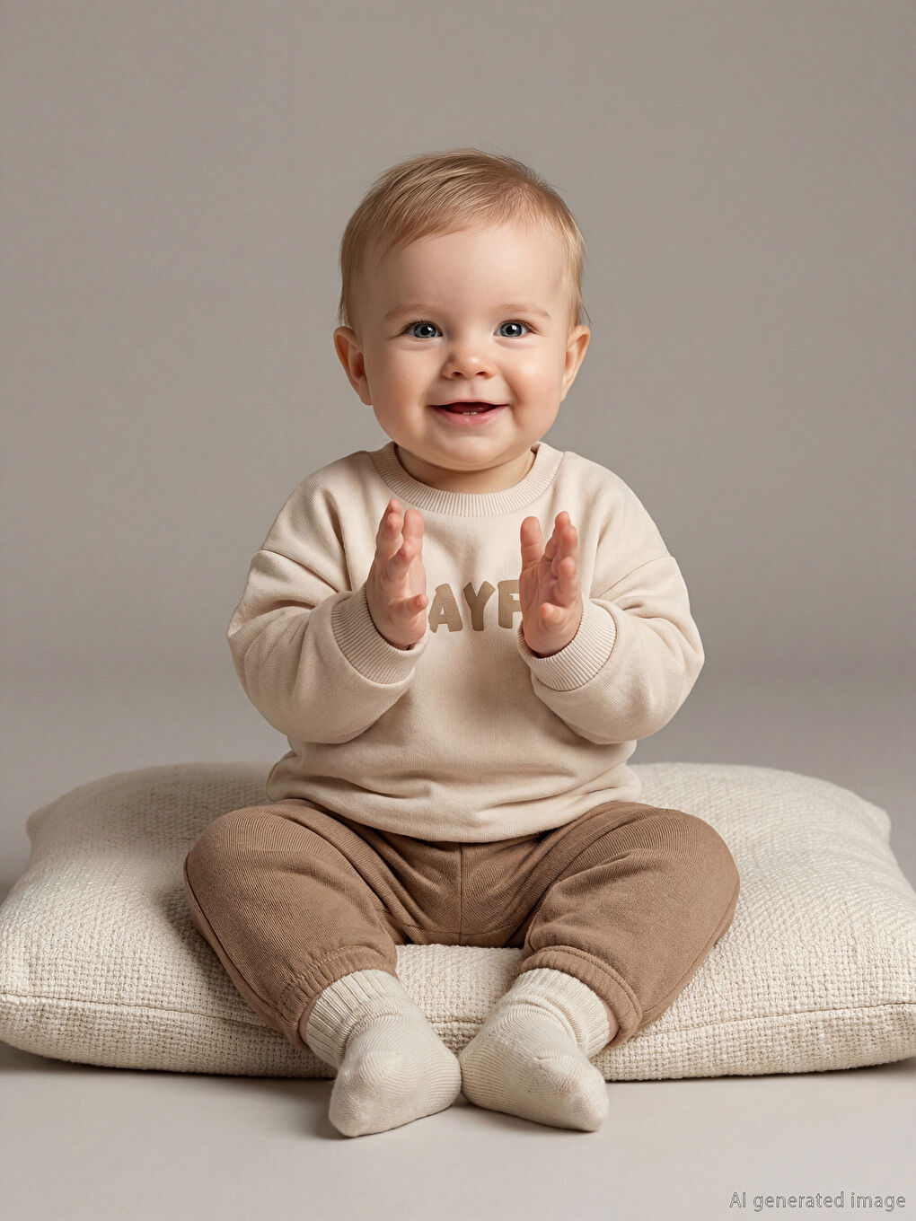 Bej Yazı Baskılı Erkek Bebek Sweatshirt ve Eşofman Altı