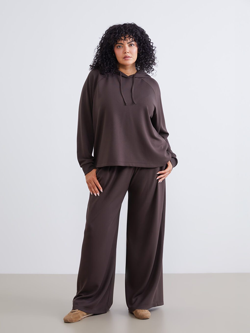 Kahverengi Büyük Beden Kadın Hoodie-1