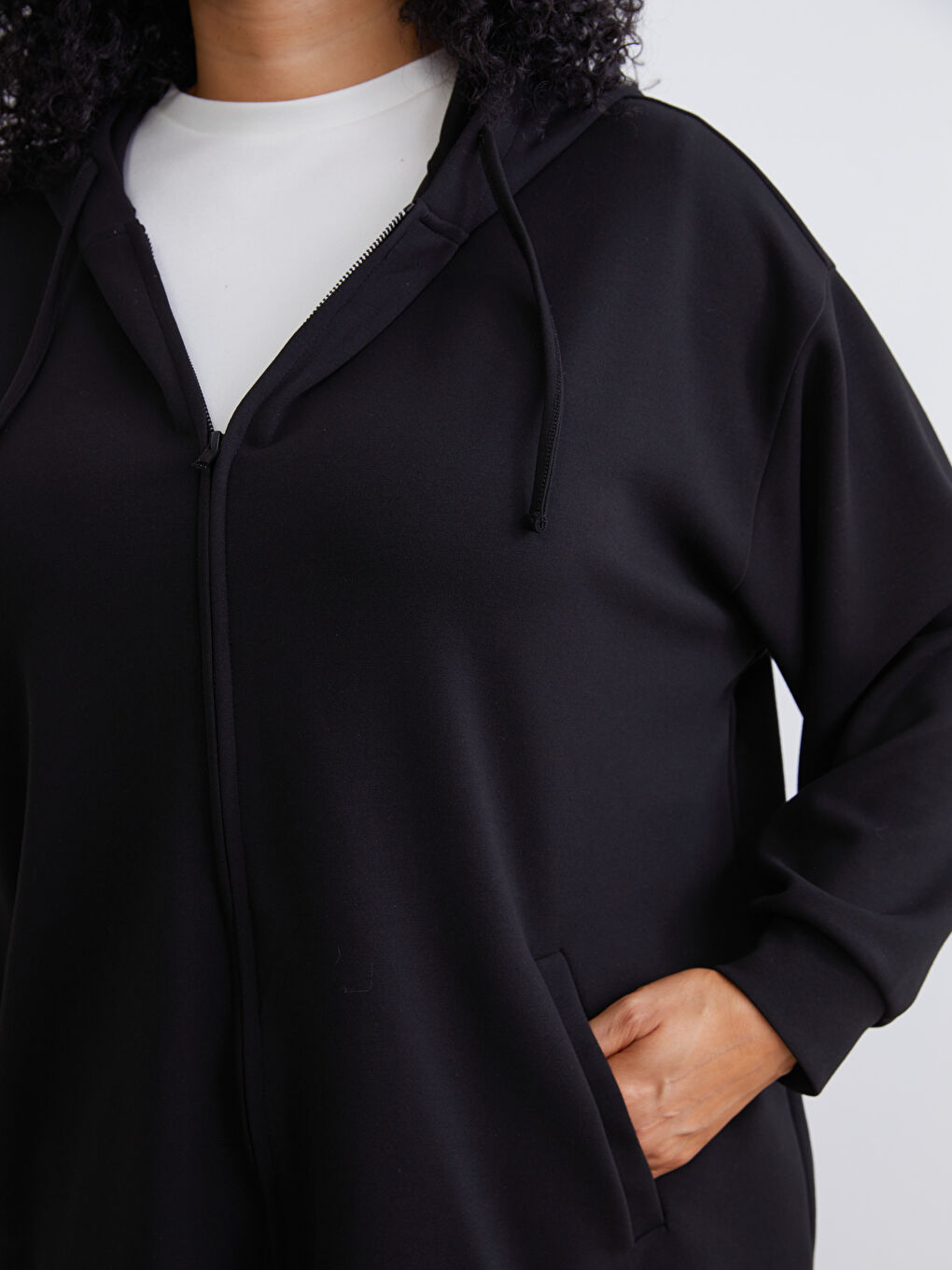 Siyah Büyük Beden Kapüşonlu Kadın Fermuarlı Sweatshirt-2