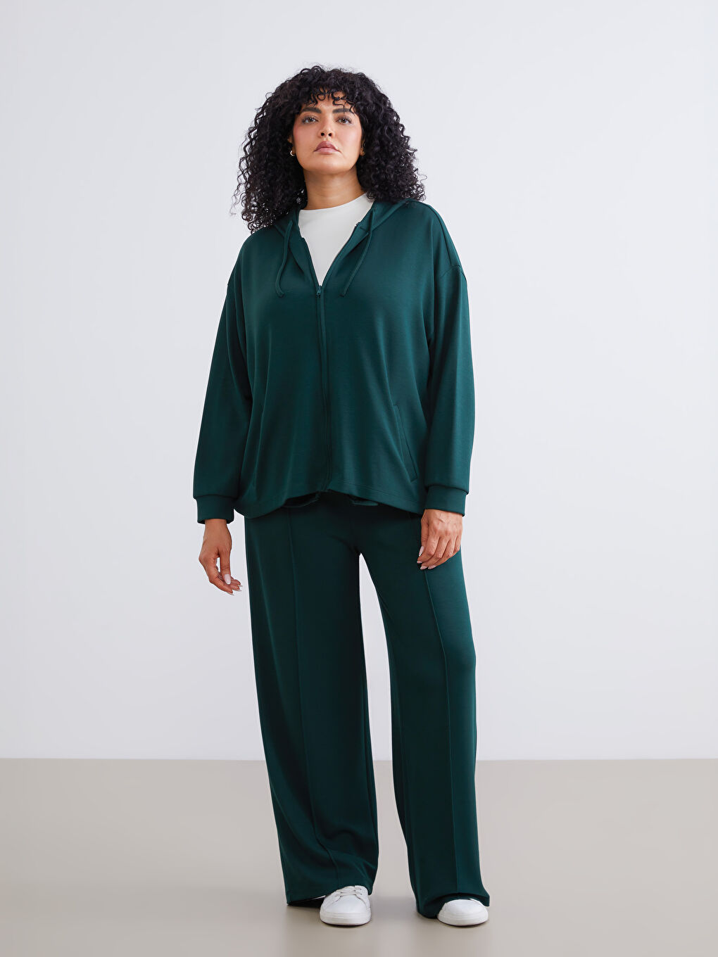 Petrol Büyük Beden Kapüşonlu Kadın Fermuarlı Sweatshirt-1