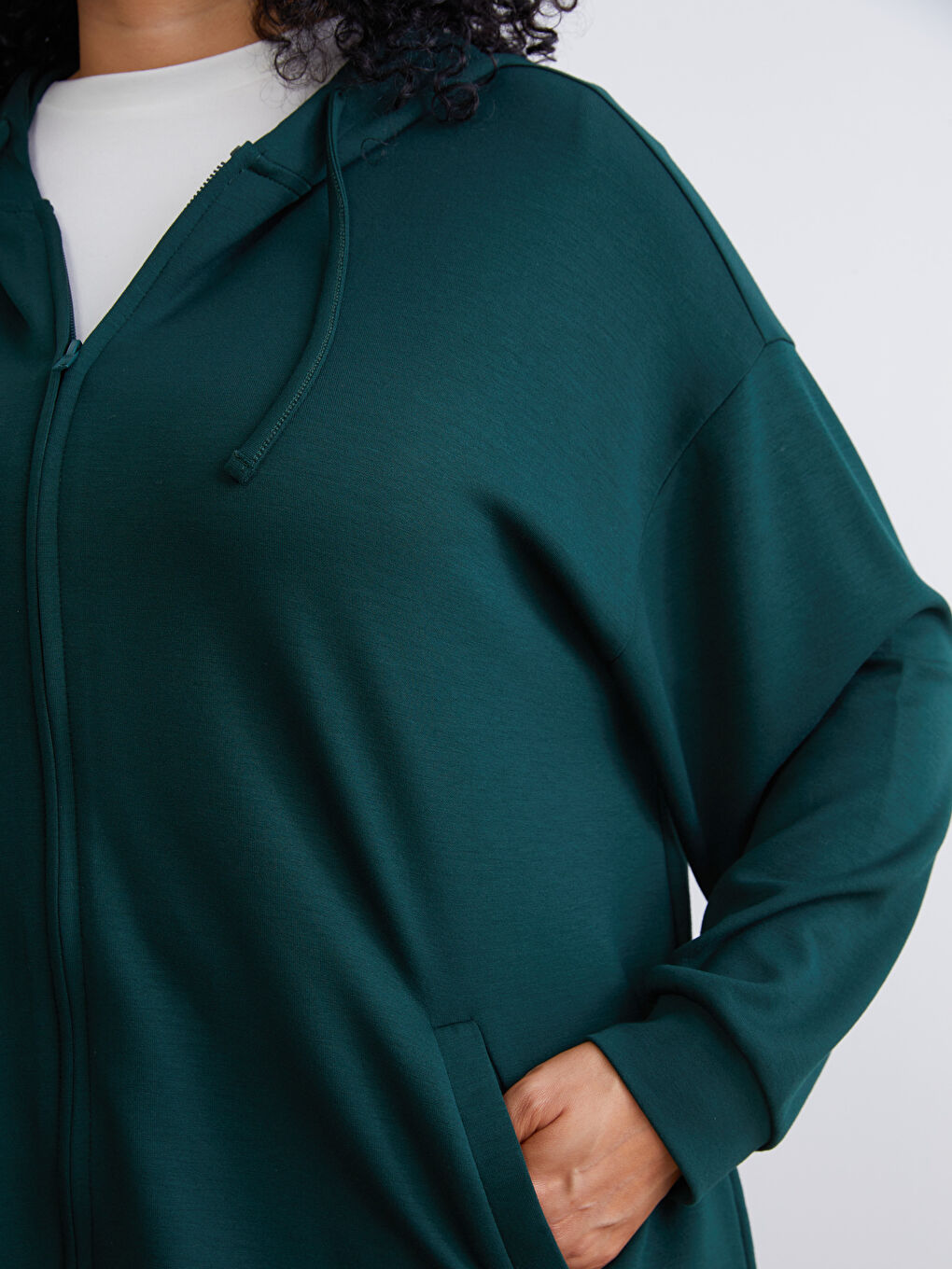 Petrol Büyük Beden Kapüşonlu Kadın Fermuarlı Sweatshirt-2