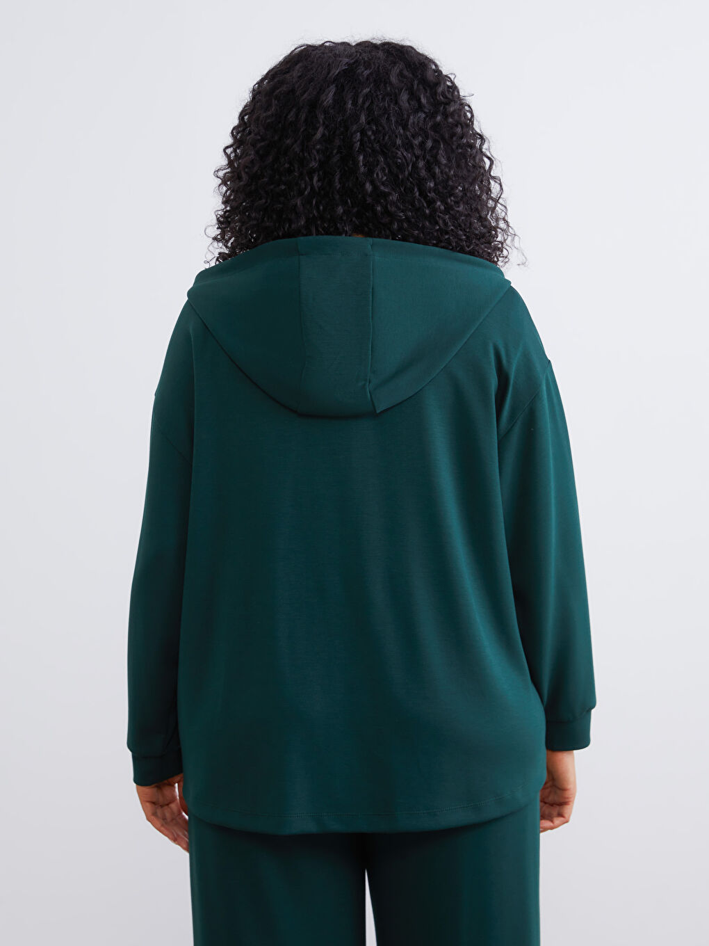 Petrol Büyük Beden Kapüşonlu Kadın Fermuarlı Sweatshirt-3