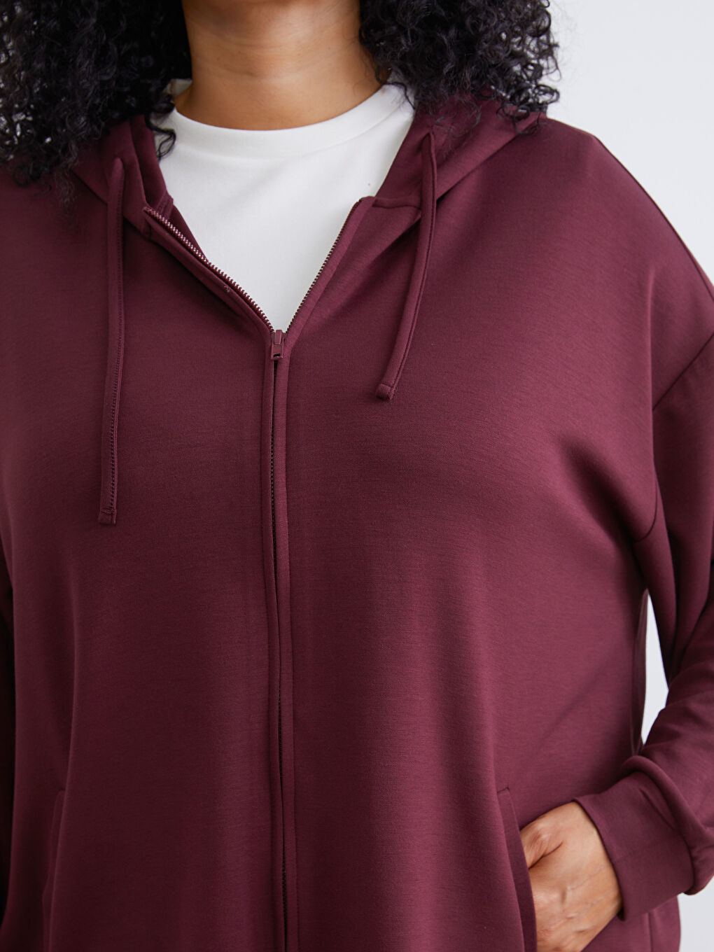 Bordo Büyük Beden Kapüşonlu Kadın Fermuarlı Sweatshirt-2