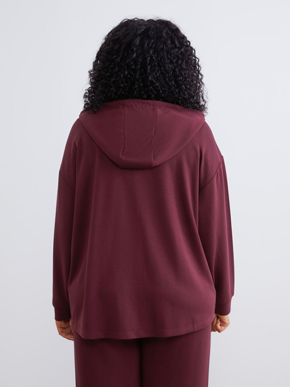 Bordo Büyük Beden Kapüşonlu Kadın Fermuarlı Sweatshirt-3