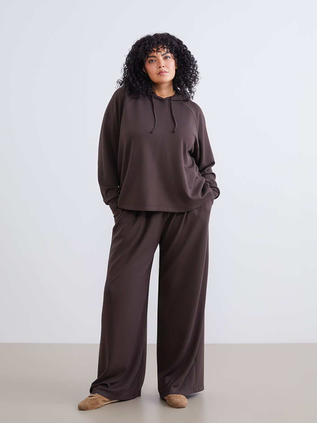 Kahverengi Büyük Beden Beli Lastikli Kadın Eşofman Altı